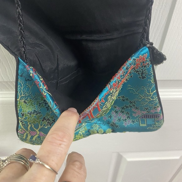 Hand Made Teal Blue Pure Silk Embroidery Mini Cross-body Purse 8x6x.75" - Picture 6 of 9